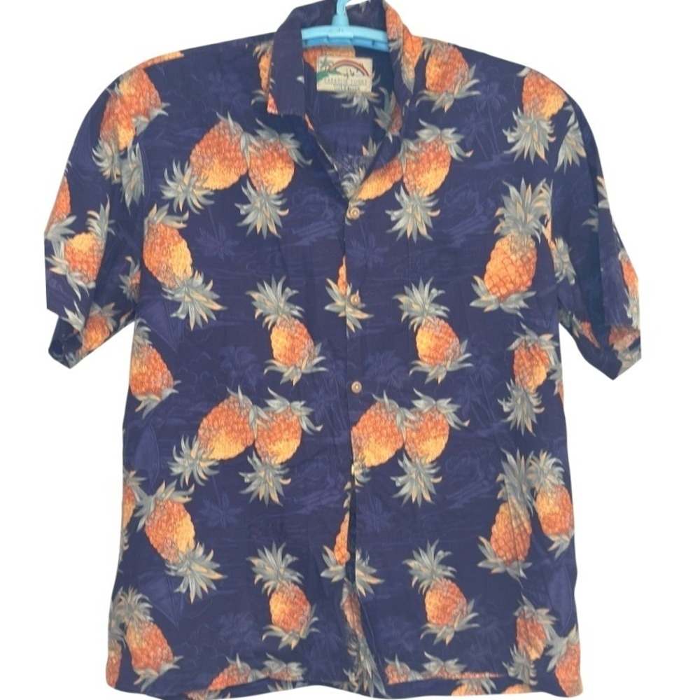 Paradise Found LL Bean Shirt Men Blue Pineapple Hawaiian Luau Rockabilly Beach L